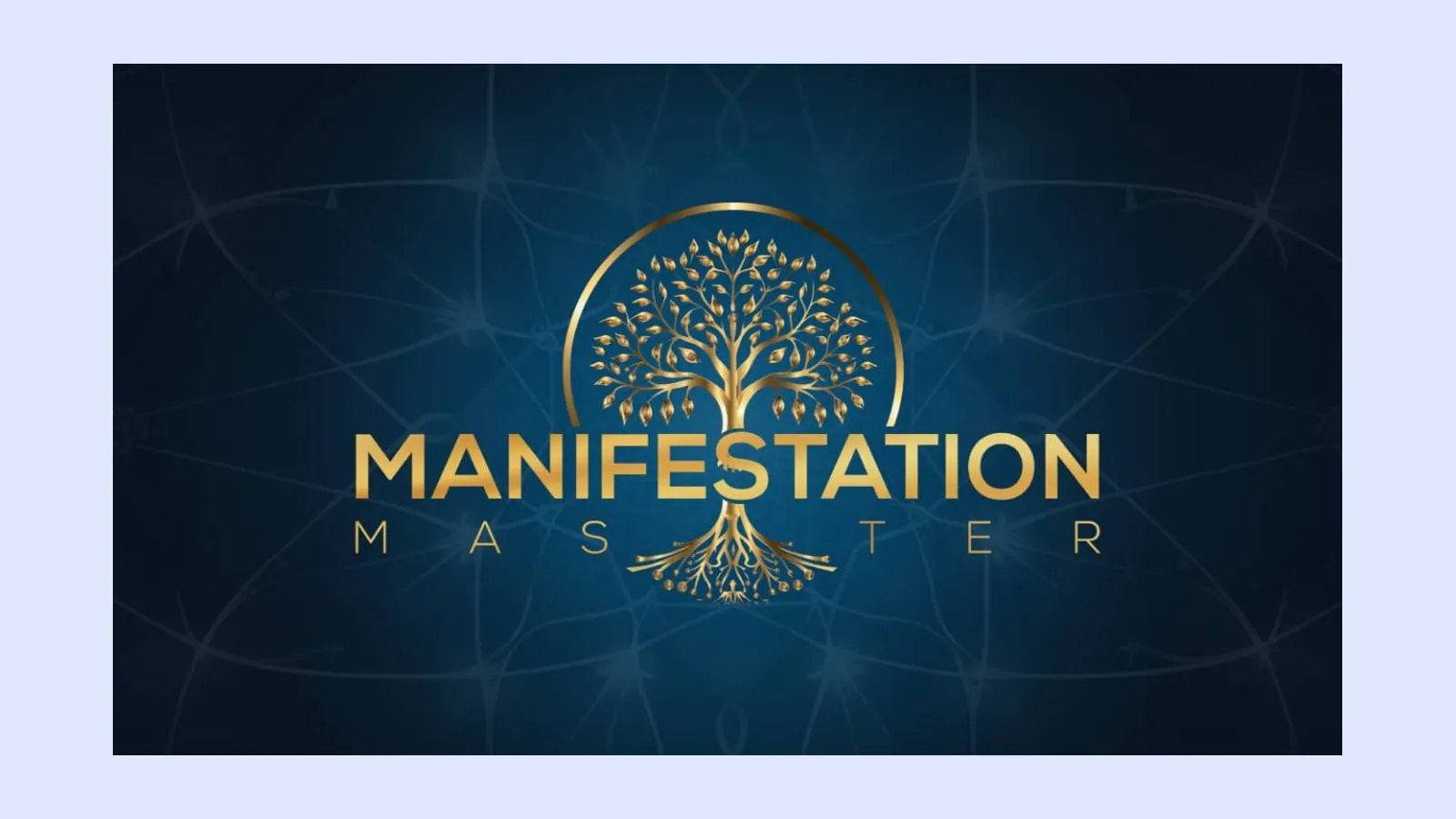 Schriftzug Manifestation Master mit dem goldenen Baum-Logo des Kurses von Maxim Mankevich auf dunkelblauem Hintergrund