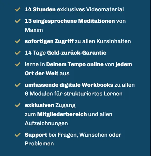 Leistungsliste des Manifestation Master auf der Kursseite mit Videomaterial, Meditationen, Workbooks und Geld-zurück-Garantie