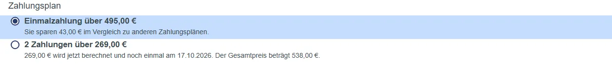 Zahlungsplan im Bestellformular des Manifestation Master mit Einmalzahlung 495 Euro und zwei Raten zu 269 Euro