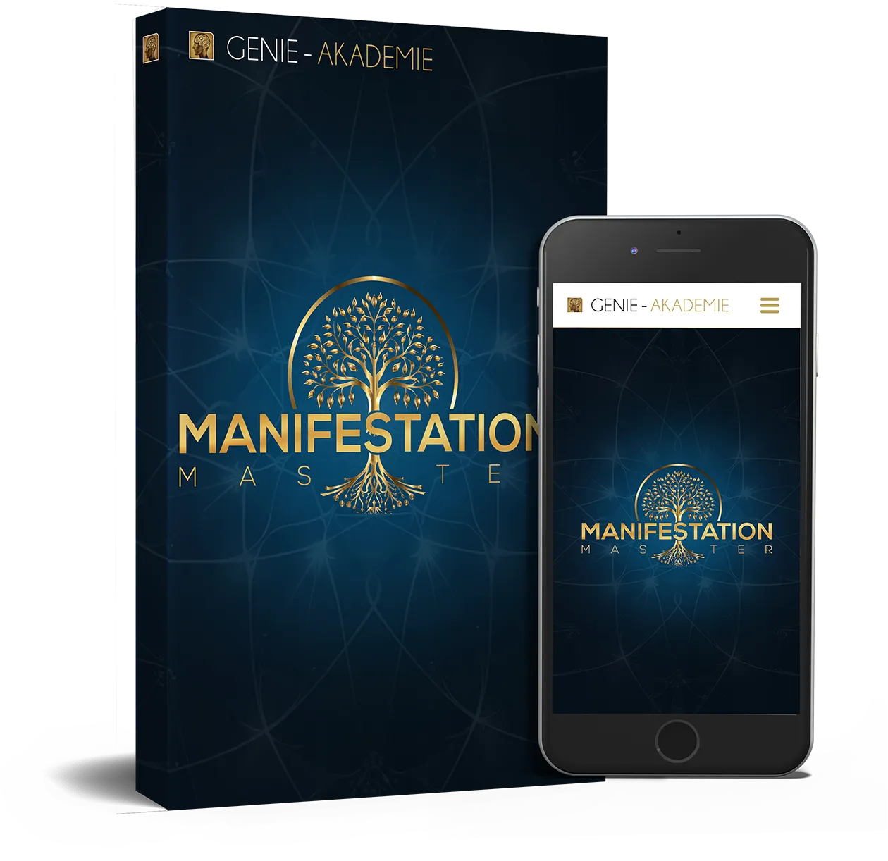 Kursbox und Smartphone-Ansicht des Manifestation Master von Maxim Mankevich mit dem goldenen Baum-Logo des Kurses