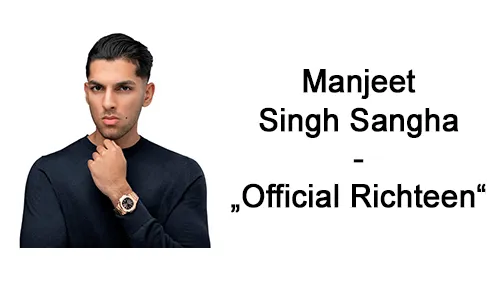Manjeet Singh Sangha im dunklen Pullover neben dem Schriftzug Manjeet Singh Sangha – Official Richteen