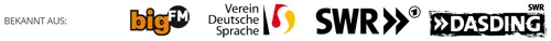 Logos, aus denen Maria von Dein Sprachcoach bekannt ist: bigFM, Verein Deutsche Sprache, SWR und DASDING