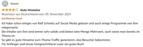Amazon-Rezension von Daniel mit vier Sternen: Gute Hinweise zum Thema Traffic generieren
