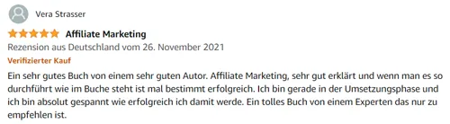 Amazon-Rezension von Vera Strasser mit fünf Sternen: Affiliate Marketing sehr gut erklärt