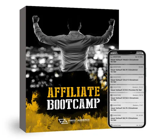 Kursbox des Affiliate Bootcamps von Finest Audience neben einem Smartphone mit Verkaufsbenachrichtigungen