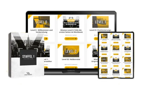 Kursbox der MasterClass Staffel 1 vor Laptop und Tablet mit den Level-Übersichten des Kurses