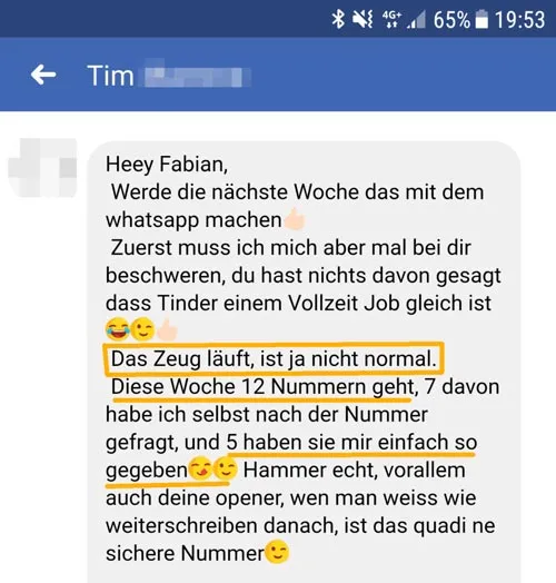 Nachricht von Tim an Fabian: diese Woche 12 Nummern bekommen, dank der Opener aus Match to Date