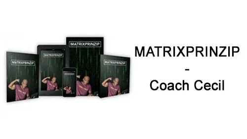 Kursprodukte des MATRIXPRINZIP neben dem Schriftzug MATRIXPRINZIP – Coach Cecil
