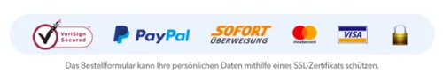 Zahlungsarten im Bestellformular des MATRIXPRINZIP: VeriSign, PayPal, Sofortüberweisung, Mastercard und Visa
