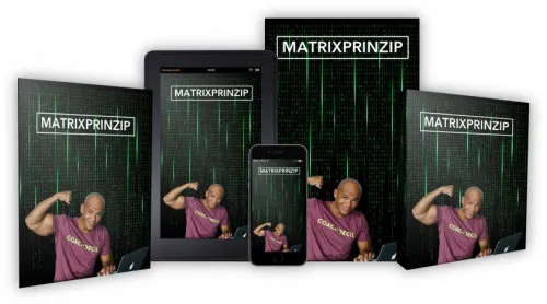 Tablets, Smartphone und Kursboxen des MATRIXPRINZIP mit Coach Cecil vor grünem Matrix-Code
