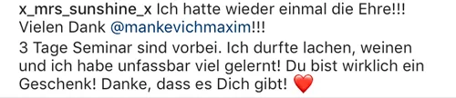 Instagram-Kommentar von x_mrs_sunshine_x über drei Tage Seminar bei Maxim Mankevich