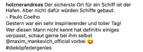 Instagram-Kommentar von holznerandreas über einen inspirierenden Tag mit Maxim Mankevich