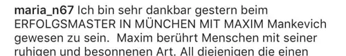 Instagram-Kommentar von maria_n67 über den Erfolgsmaster in München mit Maxim Mankevich