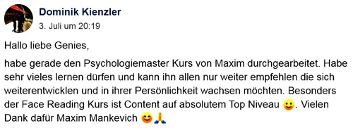 Facebook-Beitrag von Dominik Kienzler über den Psychologiemaster und Face Reading Kurs von Maxim Mankevich