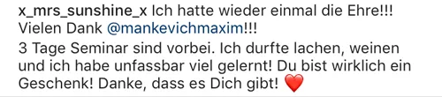Instagram-Kommentar von x_mrs_sunshine_x über drei Tage Seminar bei Maxim Mankevich