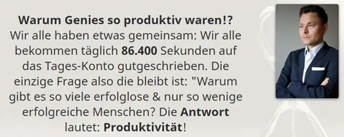 Grafik „Warum Genies so produktiv waren!?“ mit 86.400 Sekunden pro Tag und Porträt von Maxim Mankevich