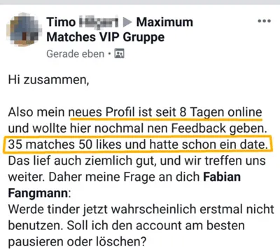 Beitrag in der Maximum Matches VIP Gruppe: 35 Matches, 50 Likes und ein Date nach 8 Tagen mit neuem Profil