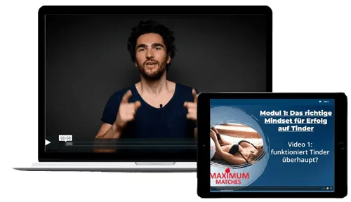 Laptop und Tablet mit Modul 1 von Maximum Matches: Das richtige Mindset für Erfolg auf Tinder