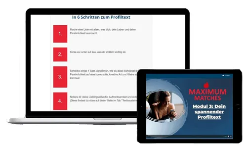 Laptop und Tablet mit Modul 3 von Maximum Matches: In 6 Schritten zum spannenden Profiltext
