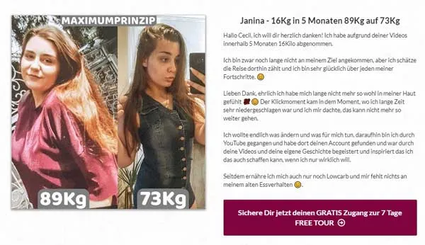 Kundenstimme von Janina zum MAXIMUMPRINZIP: 16 Kg in 5 Monaten abgenommen, von 89 Kg auf 73 Kg