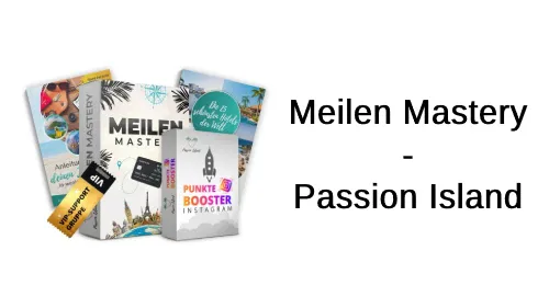 Kursboxen der Meilen Mastery mit VIP-Support-Ticket neben dem Schriftzug Meilen Mastery – Passion Island