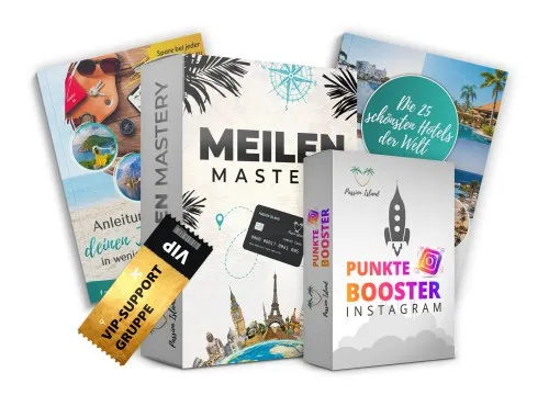Kursbox der Meilen Mastery mit VIP-Support-Ticket, Punkte-Booster-Box und Bonus-Heften von Passion Island