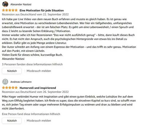 Amazon-Rezensionen von Alexander Nastasi und Andreas Lehmann zu Mike Hagers Buch mit fünf Sternen