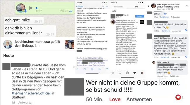Collage aus Chat- und Social-Media-Screenshots mit Feedback zu Mike Hager