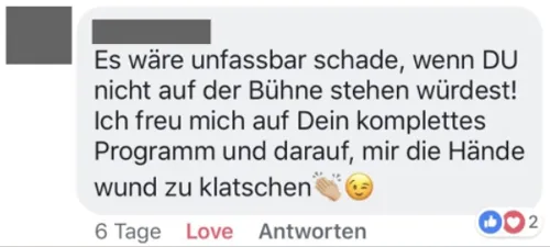 Facebook-Kommentar an Mike Hager: Es wäre unfassbar schade, wenn er nicht auf der Bühne stehen würde