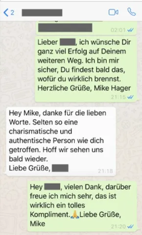 WhatsApp-Screenshot: Kunde bedankt sich bei Mike Hager für die lieben Worte und nennt ihn charismatisch und authentisch