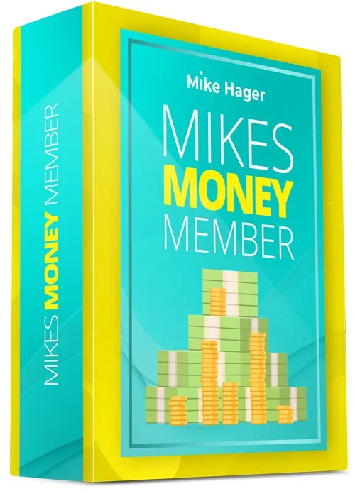 Türkis-gelbe Kursbox von Mikes Money Member von Mike Hager mit Geldmünzen-Stapeln