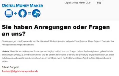 Kontaktseite des Digital Money Maker mit E-Mail Support für Anregungen und Fragen