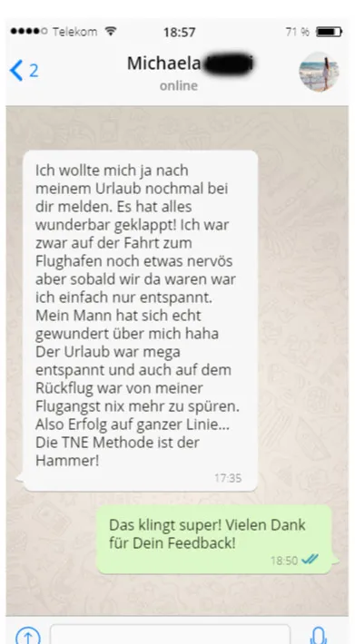 WhatsApp-Nachricht von Michaela: entspannter Urlaub ohne Flugangst dank der TNE Methode aus Mission Angstfrei