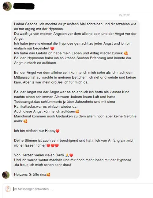 Lange Facebook-Nachricht einer Kundin an Sascha, die ihre Ängste mit seinen Hypnosen auflösen konnte