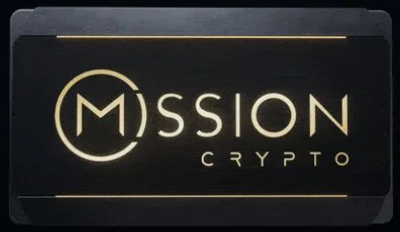 Schwarze Kursbox von Mission Crypto mit goldenem Logo