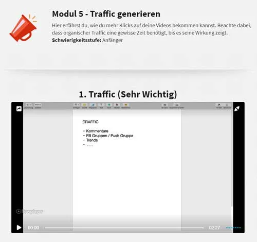 Modul 5 Traffic generieren im YouTube Kurs 2.0 mit Video zu Traffic über Kommentare, FB Gruppen und Trends