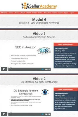 Screenshot aus Modul 6 des Amazon FBA Kurses mit Videos zu SEO in Amazon und mehr Sichtbarkeit