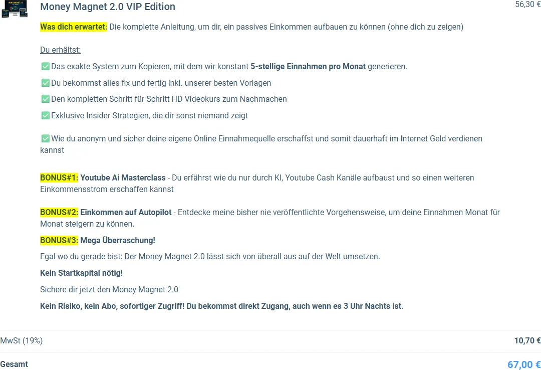Bestellformular von Money Magnet 2.0 VIP Edition mit Leistungsliste, drei Boni und Gesamtpreis 67 Euro
