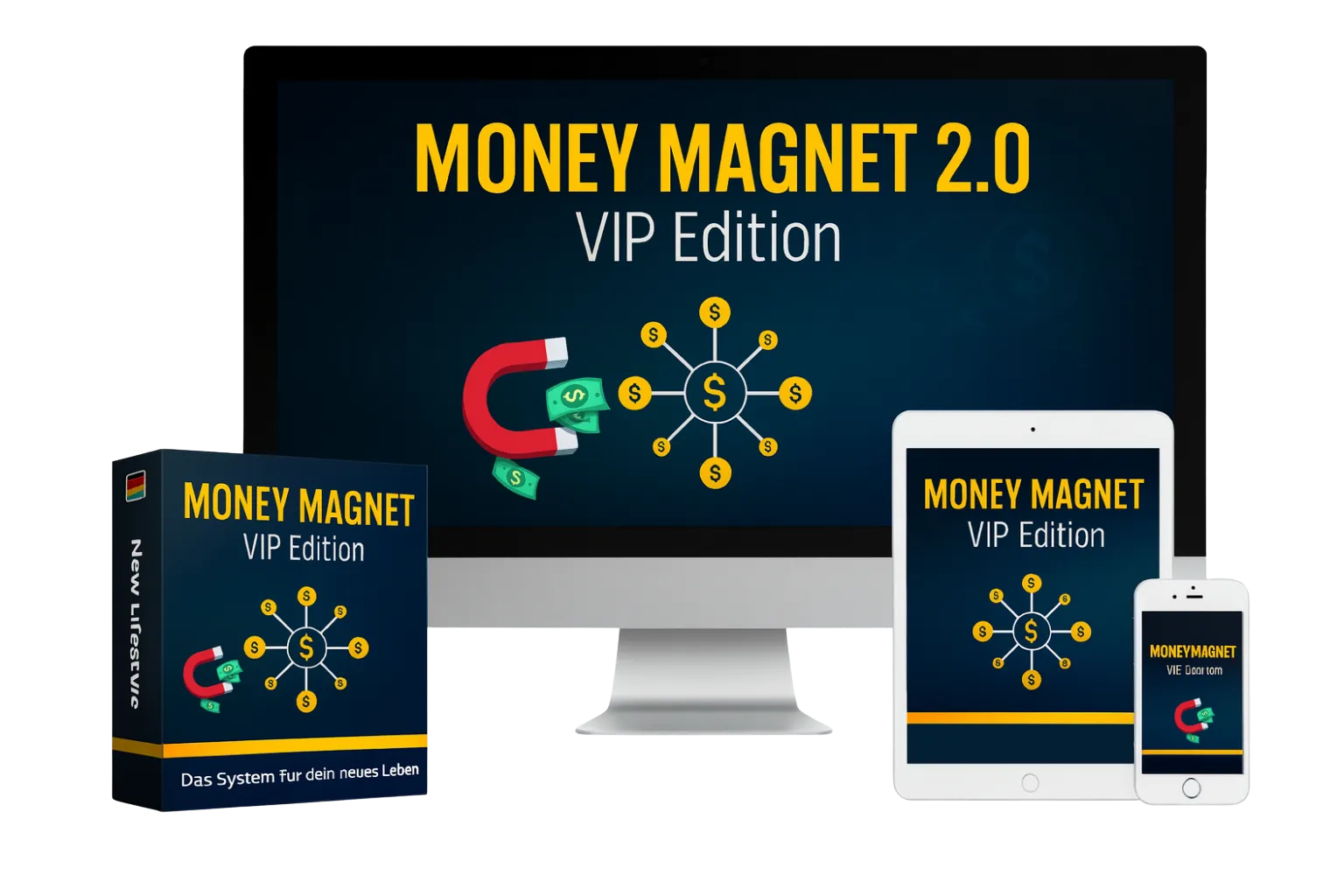 Monitor, Tablet, Smartphone und Kursbox mit dem Schriftzug Money Magnet 2.0 VIP Edition