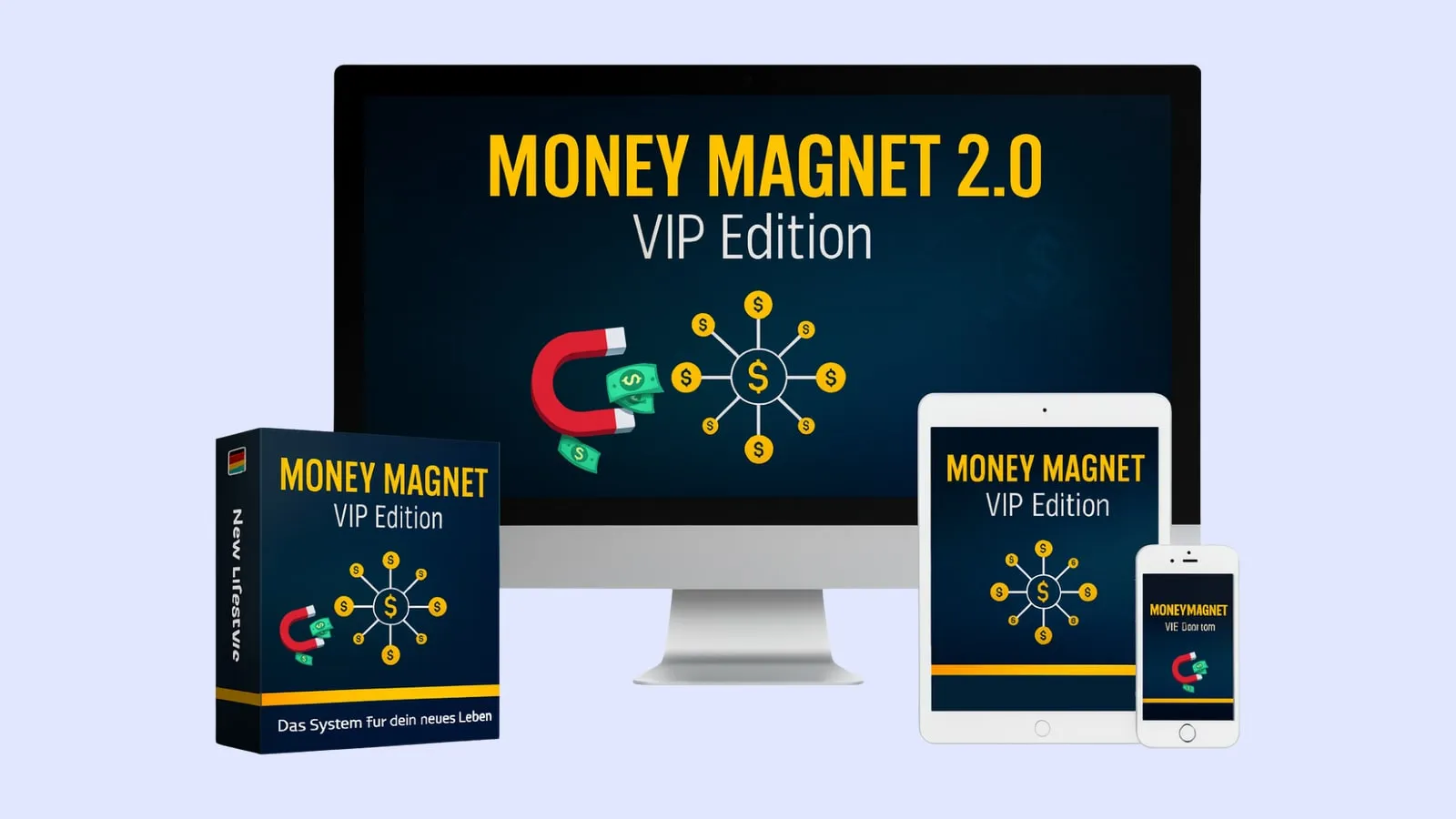 Produktbild von Money Magnet 2.0 VIP Edition mit Monitor, Tablet, Smartphone und Kursbox