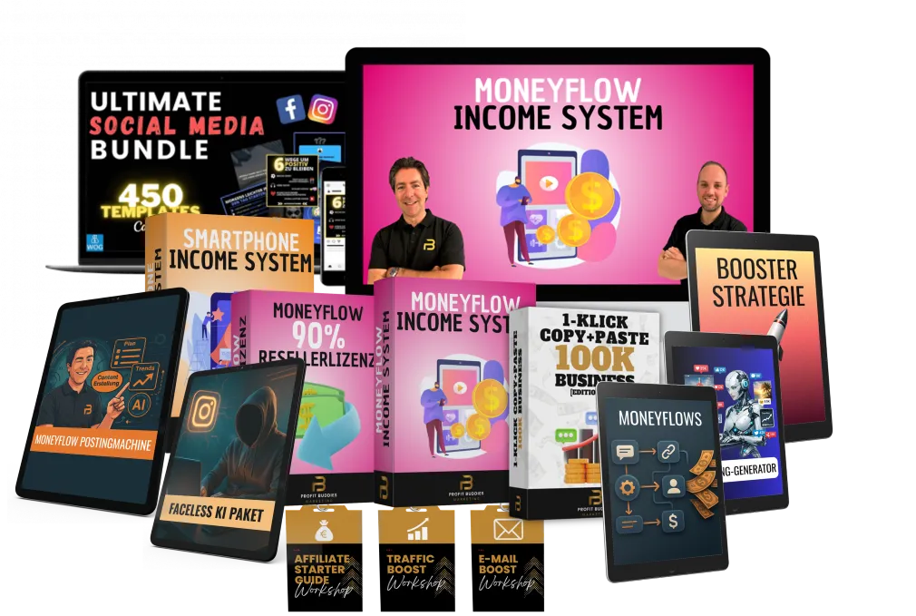 Kursboxen und Tablets des Moneyflow Income System, dahinter ein Bildschirm mit Daniel Kocks und Fabian Habich