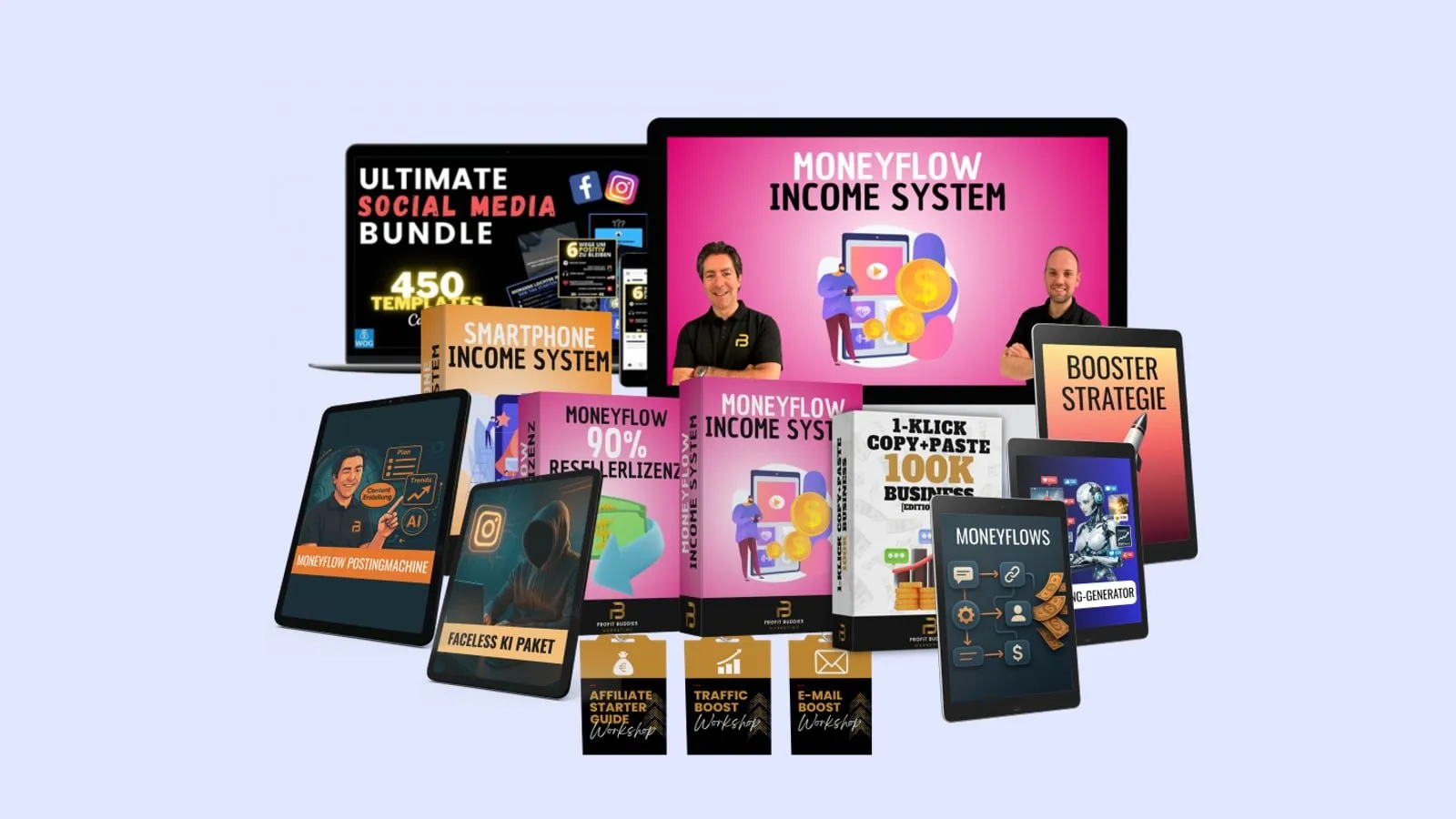 Paketbild des Moneyflow Income System mit Kursboxen, Tablets und einem Bildschirm, auf dem Daniel Kocks und Fabian Habich zu sehen sind