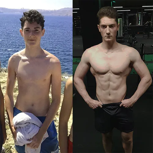 Vorher-Nachher-Bild eines jungen Mannes: links schmal, rechts deutlich muskulöser nach MyFitCoach