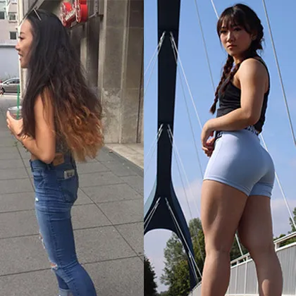 Vorher-Nachher-Bild einer MyFitCoach-Kundin mit sichtbar mehr Muskulatur an Beinen und Po
