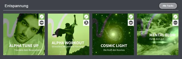 Kategorie Entspannung bei neobeats mit den Tracks Alpha Tune Up, Alpha Workout, Cosmic Light und Mental Flow