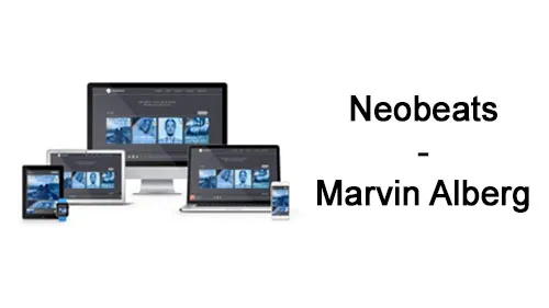 Die neobeats-Plattform auf Monitor, Laptop, Tablet und Smartphone mit dem Schriftzug Neobeats – Marvin Alberg