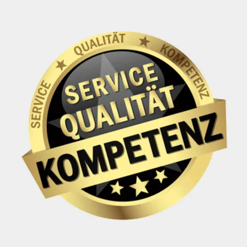 Goldenes Abzeichen mit der Aufschrift Service, Qualität, Kompetenz