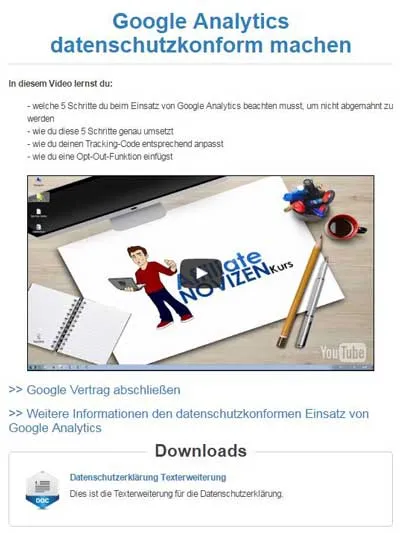 Lektion Google Analytics datenschutzkonform machen im Nischenseiten Kurs Affiliate Novizen