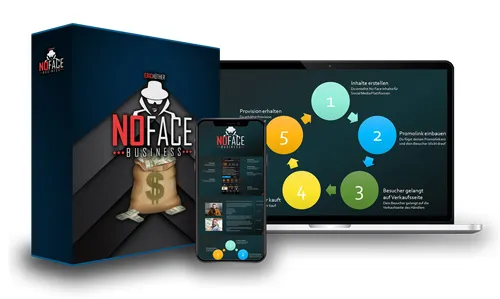 Kursbox des No Face Business mit Geldsack-Motiv vor Laptop und Smartphone mit dem 5-Schritte-System