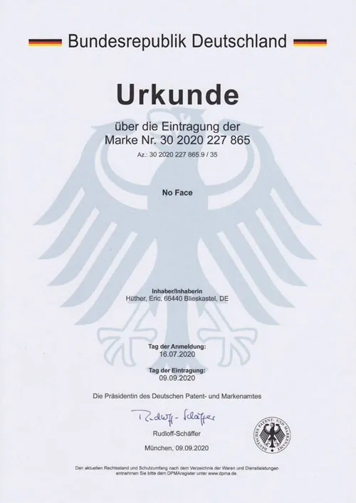 Urkunde des Deutschen Patent- und Markenamts über die Eintragung der Marke No Face